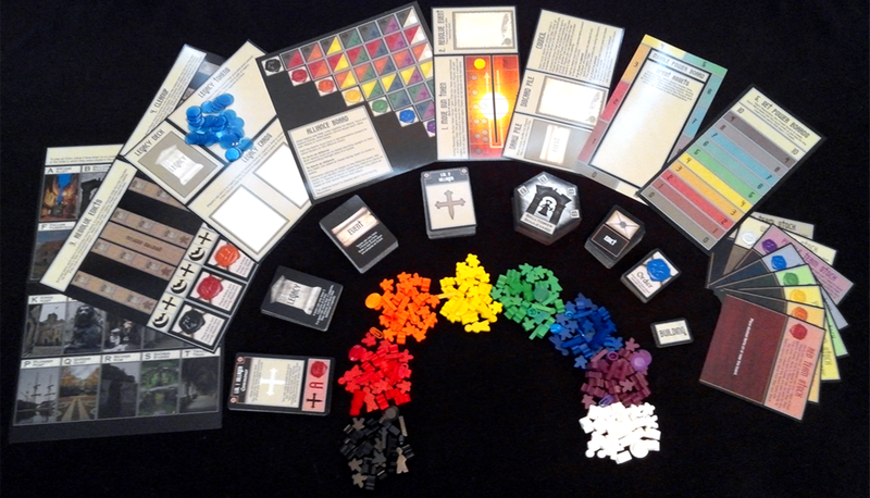 The game components for Night Falls.